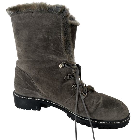 Stuart Weitzman Designer Gray Suede Faux Fur Lined Boots 7.5 Combat Mark on Toe - Picture 4 of 12